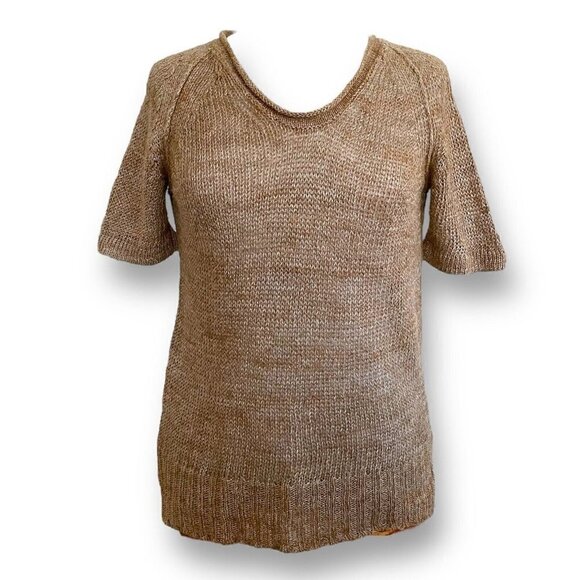 J Crew Womens Linen Sweater XS Brown Open Knit Vneck Coastal Minimalist Pullover - Picture 1 of 6